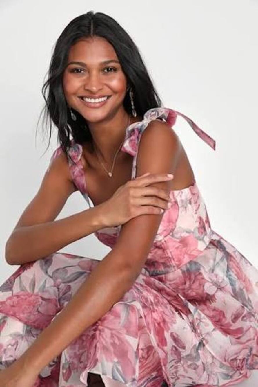 LULU'S Playfully Posh Midi Dress Blush Floral Organza Tie-Strap Tier Small S NWT